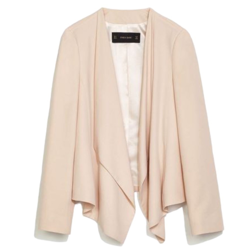 Zara Waterfall Draped Cascading Open Front Padded Shoulders Blazer in Soft Peach - Picture 2 of 9